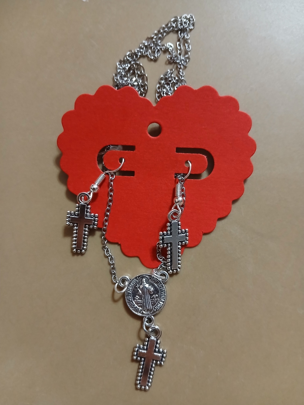Silver St. Benedict Tone Religious Cross Necklace & Earrings Set - Silver
